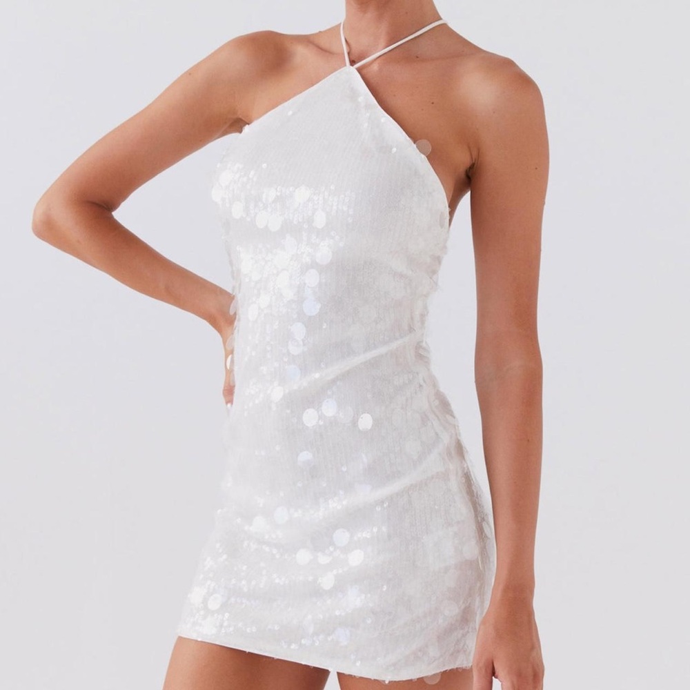 Elegant White Sequin Halter Dress